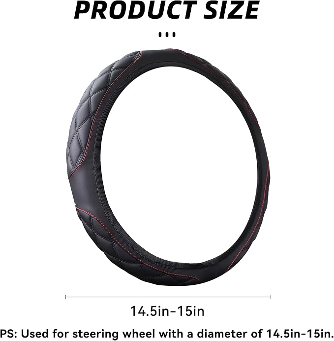15 Inch Car Leather Steering Wheel Cover, Automotive Accessories Elastic Breathable Anti-Slip Soft Wheel Protector Fits Men and Women, Suitable for SUVs, Trucks, Vehicles and RVs (Black)