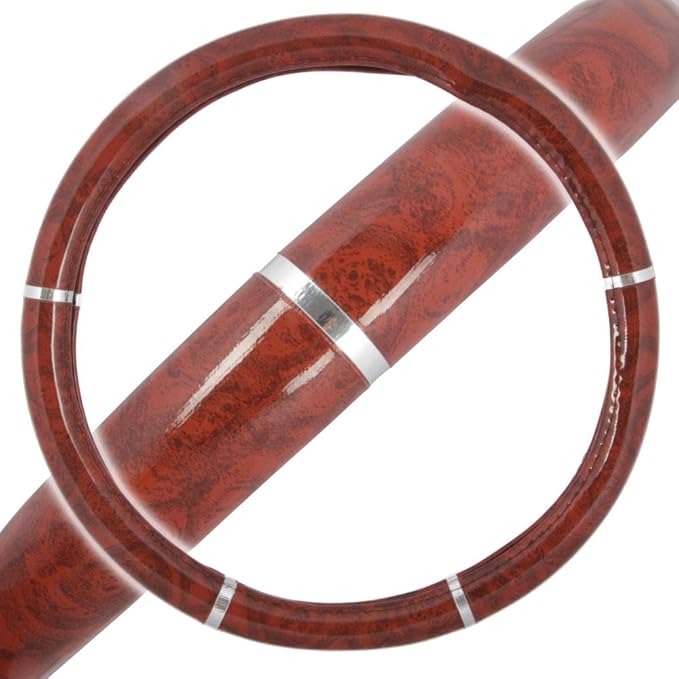 Dark Wood Grain Car Steering Wheel Cover, Standard 15 inch Size, Made to Fit Most Auto Truck Van SUV
