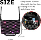 Bling Car Net Pocket Handbag Holder, Rhinestone Vehicle Backseat Purse Organizer Between Seats, Diamond Hanging Storage Bag Barrier of Pet Kids, Universal Automotive Accessories (Pink)