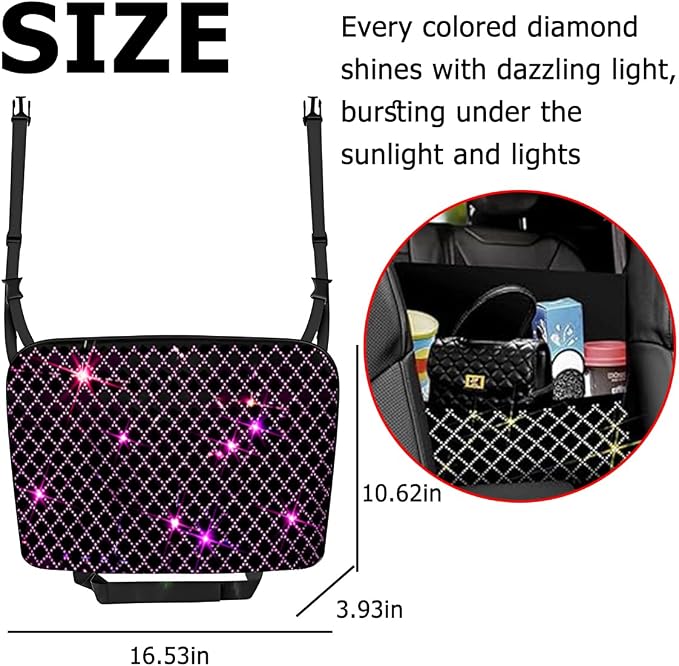 Bling Car Net Pocket Handbag Holder, Rhinestone Vehicle Backseat Purse Organizer Between Seats, Diamond Hanging Storage Bag Barrier of Pet Kids, Universal Automotive Accessories (Pink)