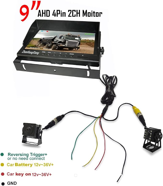 HD 1080P Vehicle Backup Camera with DVR Monitor System,2 x 8 LED IR Night Vision Reverse Rear View Camera + 9" IPS AHD 2CH Split Screen with SD Record 12V~24V for RV Truck Trailer Bus 5th Camper