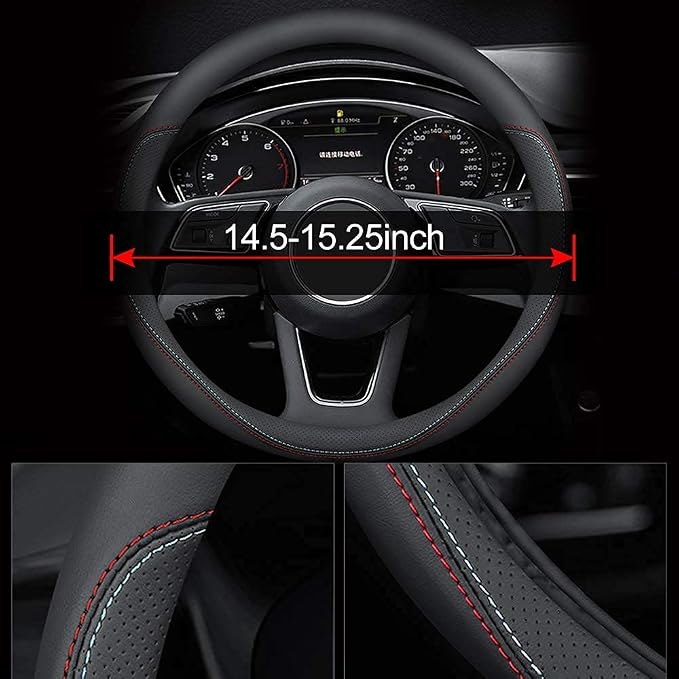Latest Nappa Leather car Steering Wheel Cover, Stylish Non-Slip Leather car Interior 15 inches Universal（Black）
