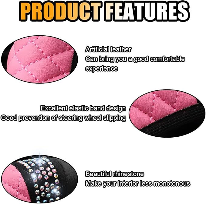 15 Inch Bling Soft Leather Car Steering Wheel Cover, Pink | Colorful Rhinestones Design, Auto Elastic Protector for Women Girls, Crystal Diamond Car Accessories for Most Cars, SUVs