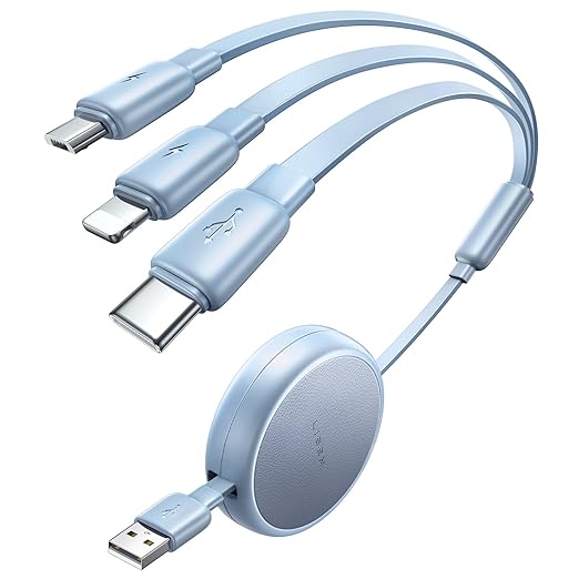 Multi Charging Cable 3 in 1 iPhone 16 Charger Cord, Retractable Car Charger Type C Cable, Retractable iPhone Charger Cord with Type C/L/Micro USB for iPhone/Samsung/PS/Kindle,Blue