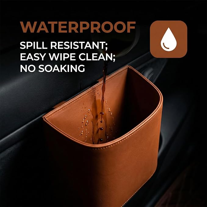 Leather Car Trash Can, Clip on Small Car Garbage Can, Waterproof Leakproof Back Seat Trash Bin, Multifunctional Vehicle Storage Organizer for Trucks, SUVs (Orange)