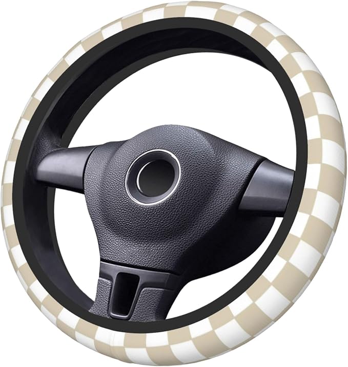 Brown White Checkered Car Steering Wheel Cover