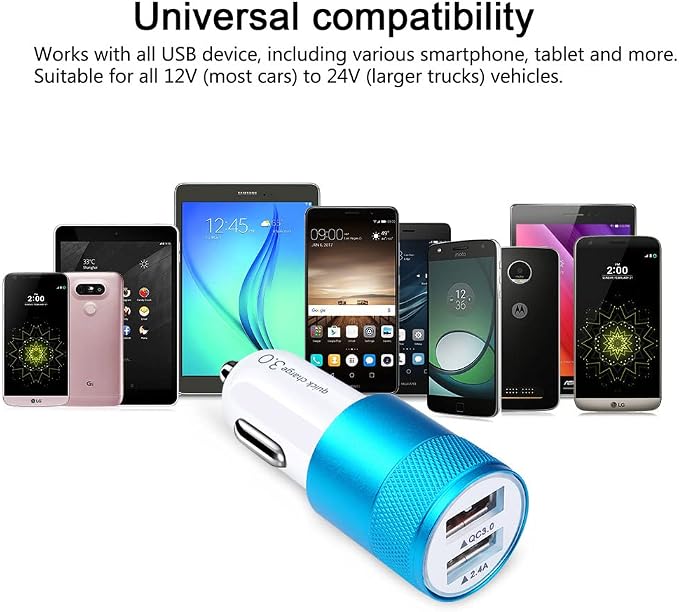 Fast Car Charger, Quick 5.4A/30W Dual USB, QC 3.0 & 2.4A, Compatible Samsung Galaxy S23 S22 S21 S20 S10 S9 S8 Note, iPhone, Blue, Minimalist Style