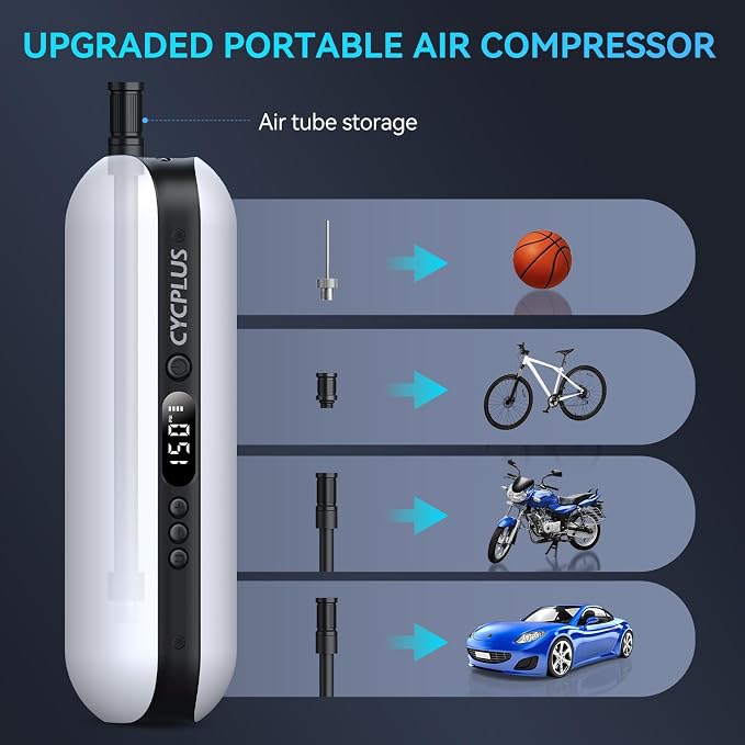 Electric Air Compressor Portable Bicycle Pump Car Tire Inflator, Max 150 PSI, Auto Shut-Off Air Pump with Presta and Schrader Valves for All Bicycles Motorcycles and Cars