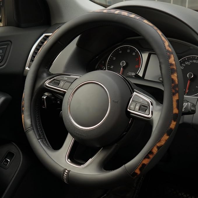 Steering Wheel Cover, Made with Breathable Microfiber Leather and Leopard Fabric, Universal 14.5-15 inchs for Most Automotive Steering Wheel,Cheetah Print, Black