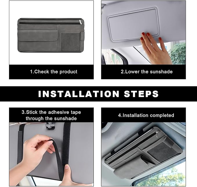Car Sun Visor Organizer, Soft Leather Vehicle Sunshade Glasses Storage Bag with Net Zipper, Automotive Multi-Pocket Organizer for Drive License Card Glasses Document (Gray)