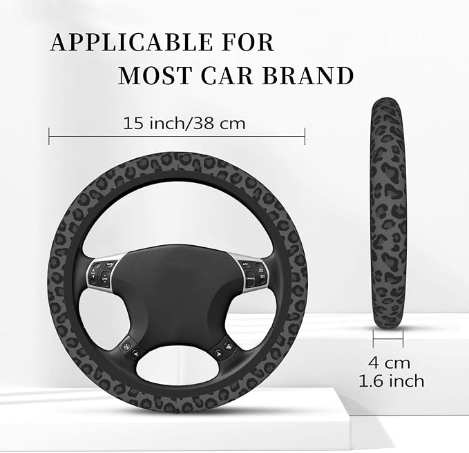 Black Leopard Cheetah Steering Wheel Cover for Women Girls, Anti-Slip High Elastic Breathable Soft Rubber Car Steering Wheel Cover, Universal 15 Inch Fit for Cars, Auto, SUVs