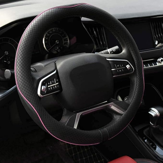 Microfiber Leather Steering Wheel Cover Anti-Slip Matte Finish Auto Car Wheel Cover Universal 15 Inch Wheel Cover for Car Embossing Pattern (Pink Line)