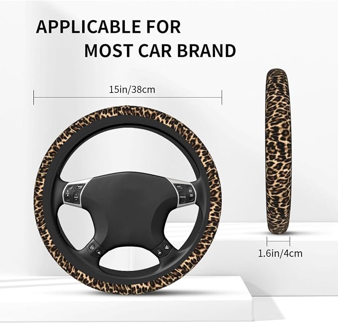 Cheetah Brown Leopard Pattern Black Hunting Steering Wheel Cover Car Accessories Cute for Women Girls Girly Universal 15 Inch Neoprene Auto Interior Decor Anti Slip Car Truck Protector