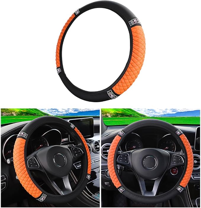 Bling Car Steering Wheel Cover, 15 Inch Rhinestones Soft Leather Elastic Steering Wheel Protector, Sparkly Crystal Diamond for Women Girls (Orange)