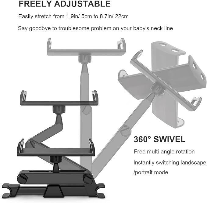 Car Headrest Tablet Phone Mount, Black, 5-11" | Backseat Universal Cell Phone Holder, 360 Swivel Rotating, Angle Adjustable Stretchable