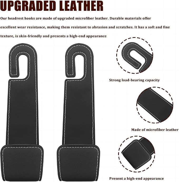 2PCS Car Seat Headrest Hooks, Purse Hook for Car, Automotive Headrest Handbags Holder, Auto Accessories Leather Seatback Organizer Hanger for Hanging Purses Bags Coats (Black, 2PCS)