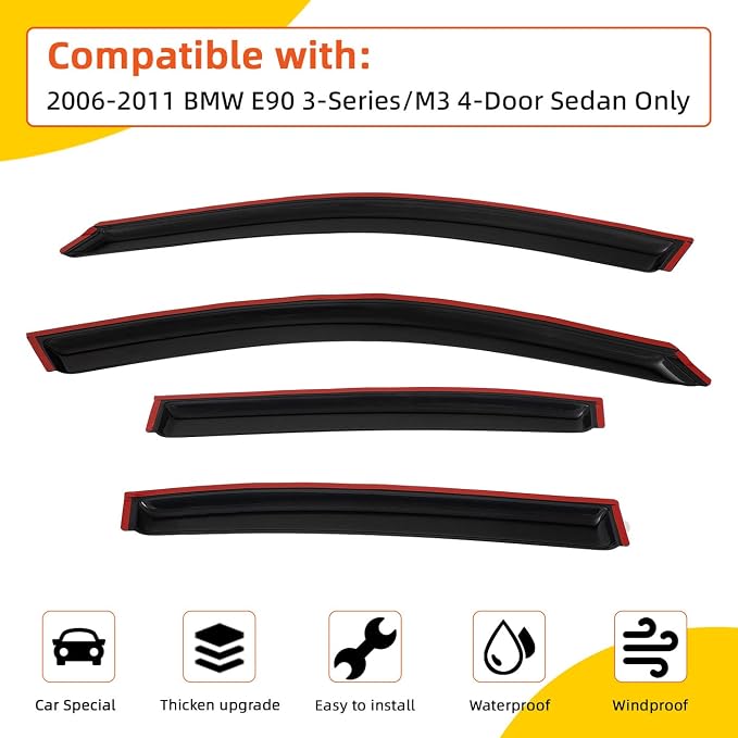 Rain Guards Compatible with 2006-2011 BMW E90 3-Series 4-Door Sedan M3 323 325 328 330 335 i xdrive xi d Tape-On Side Window Visor Wind Deflector Vent Visors Car Accessories