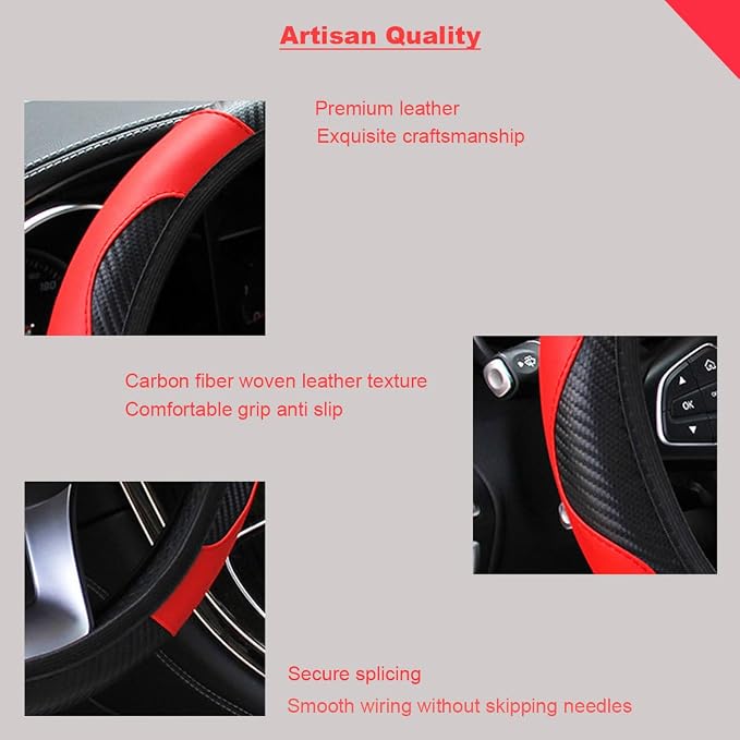 Ultra Fine Carbon Fiber Leather Steering Wheel Cover, Anti Slip and Sun Protective Protect The Steering Wheel, Easy to Install,Universal of 14.5"-15" (Red)