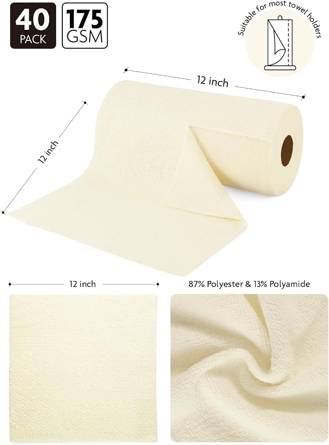 Microfiber Cleaning Cloth Roll -40 Pack, Tear Away Microfiber Towels, 12" x 12", Reusable, Washable, Scratch Free, Ultra Absorbent Dishcloth for All-Around Cleaning Supplies (Beige)