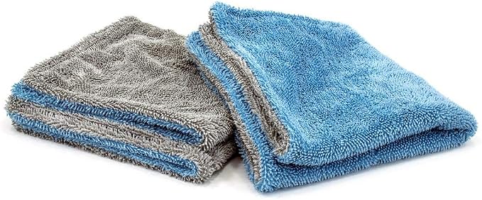 Dreadnought Jr. Microfiber Towel, Superior Absorbency for Drying Cars, Trucks, and SUVs, Double-Twist Pile, One-Pass Vehicle-Drying Towel - Pack of 2, Blue/Gray (16 inch x 16 inch)