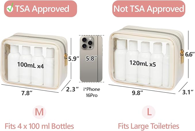 Clear Makeup Bag - TSA Approved Toiletry Bag for Carry-on & Checked Luggage, Water Resistant Car Storage Organizer with Reinforced Seams