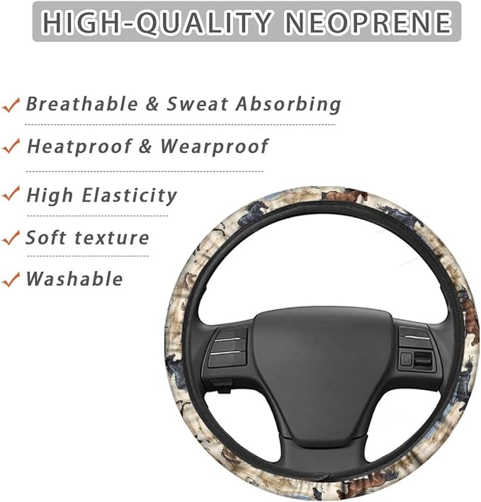 Car Steering Wheel Covers White Sweat Absorption Comfort Grip, Horse Painting Universal 14-15 inch Stretch-on Fabric Keep Warm Steering Wheel Protector for Women
