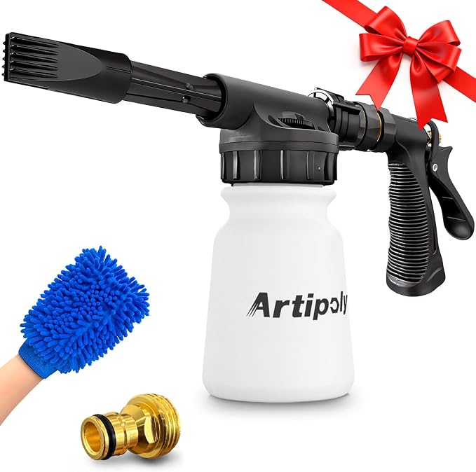 Car Wash Foam Gun + Microfiber Wash Mitt - Car Foam Sprayer - Foam Cannon for Hose - Spray Foam Gun Cleaner - Snow Foam Blaster for Cars, Boats, RVs, Foam Cannon Connects to Any Garden Hose