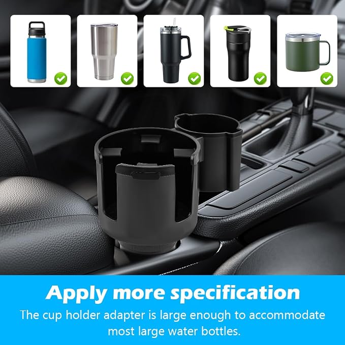 2-in-1 Car Cup Holder Expander with 4 Hooks - Upgraded Adjustable & Expandable Base, Offset Option, Versatile Car Accessories Fits Yeti, Hydroflask, Large Water Bottles