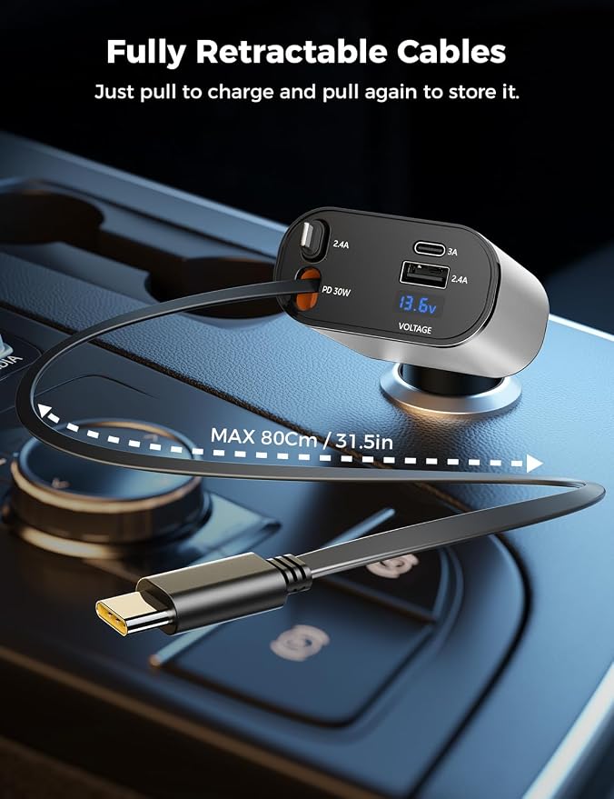 【Upgraded】 Retractable Car Charger 4 in 1, Fast Car Phone Charger with Cord 2.6ft, USB C and Apple Car Charger Adapter, Compatible with iPhone 17/16/15/15 Pro Max/14/13/12/11, Galaxy, Pixel