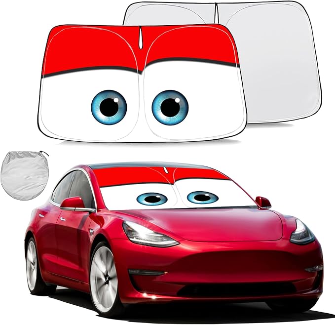 Windshield Sun Shade for 2017-2026 Tesla Model Y/Model 3 Sunshade Accessories Foldable Sunshade (Fit 2025-2026 Model Y Juniper/ 2024 Model 3 Highland) Blocks UV Rays Keep Car Cool (Red)