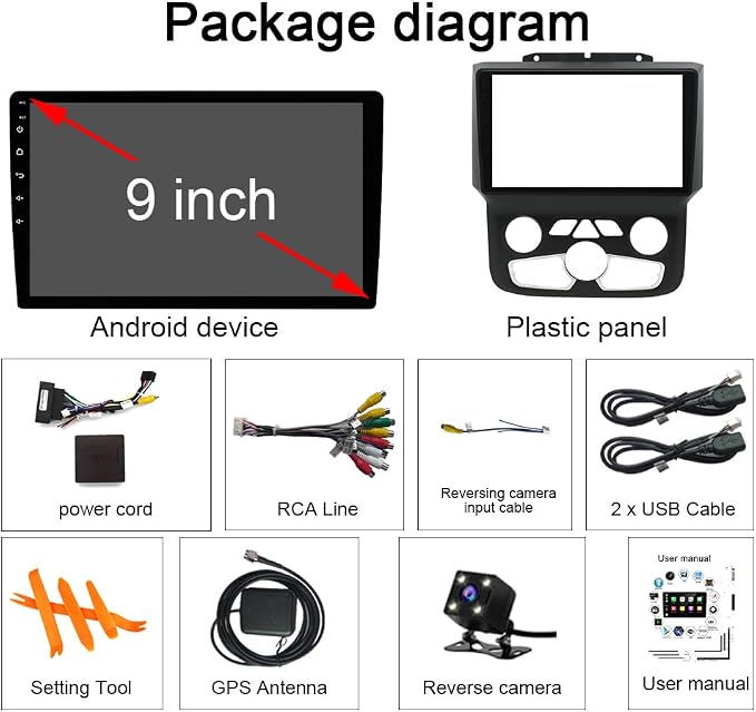 4+64GB for Dodge Ram Radio 2013-2019 1500 2500 3500 9" Android 13 IPS Touchscreen Built-in Apple CarPlay Auto GPS Navigation Bluetooth Head Unit EQ DSP with Free Back Camera AC Ram