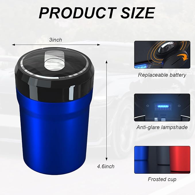 Car Ashtray with Lid, Easy Clean Up Detachable Smokeless Ashtray with LED Blue Light, Portable Mini Ash Tray Cup Holder for Car Home Office Travel, Interior Auto Accessories (Blue, Larger)