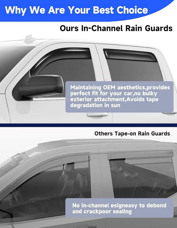 in-Channel Extra Durable Rain Guards Fit for 2014-2018 Chevy Chevrolet Silverado/GMC Sierra Crew Cab Truck,Vent Window Visors, Window Deflector, Vent Shades Car Accessories -4 pcs