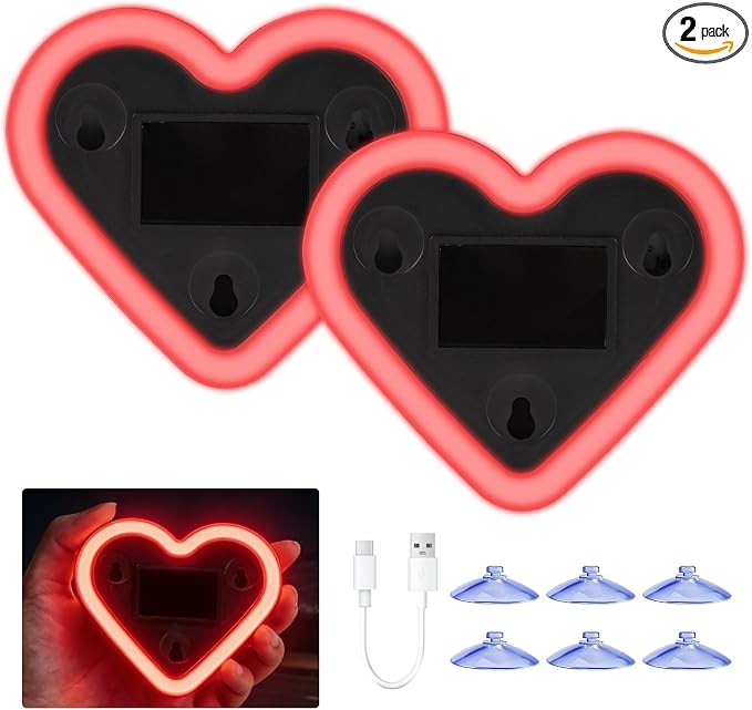 Upgrade Car Light LED Ambient Lights Heart Solar Lights Solar-Powered Heart-Shaped Neon Lights for Car Window Decorative 5 Modes Interior Outdoor Decor (Red)