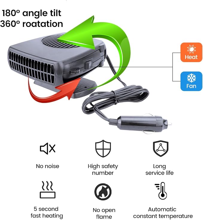 Car Heater,2026 New Upgraded Portable Car Heater for Vehicle, 12V Car Heater Portable, Portable Heater for Car, 360° Rotatable Car Defroster Windshield Heater (Black Black)