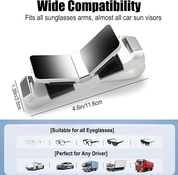 2 Pack Sunglasses Holder for Car, One-Handed-Operation Visor Sunglass Holder Clip, Easy Access Storage for Driving,Universal Fits (Double Holder - White)
