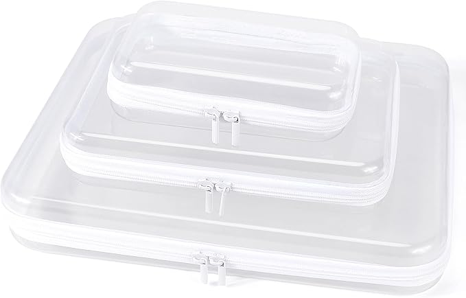 Clear Hard Shell Zipper Case, Clear Zipper Pouches Waterproof Makeup Organizer & Travel Toiletry Storage Bag, Plastic Pouch for Office, Home, White,3 Pack XL LS