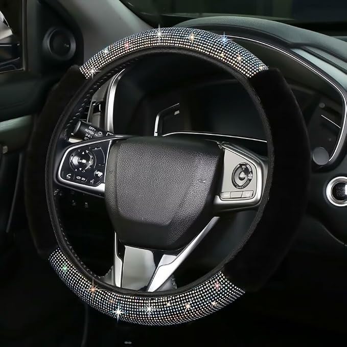 Bling Fluffy Steering Wheel Cover for Women Girls, Rhinestone Diamond Sparkling Fur Steering Wheel Protector Elastic Steering Wheel Covers Winter Warm Universal Fit 14-15 inches -Black | Colorful Diamond Elastic Car Steering Wheel Accessories Sparkling...