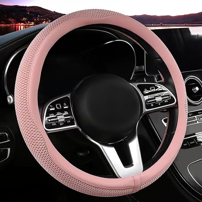 Car Steering Wheel Cover, Universal 15 inch, The Latest Microfiber Leather Breathable Technology Fabric, Non-Slip, Comfortable, Warm in Winter and Cool in Summer,Pink
