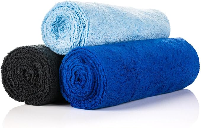 Sport & Workout Towel - Gym, Exercise, Fitness, Spa, Ultra Soft, Super Absorbent, Fast Drying Premium Microfiber, 320gsm, 16in x 27in (3-Pack) (Royal Blue + Light Blue + Black)