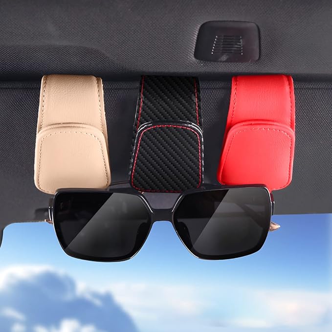 Sunglasses Holders for Car Sun Visor, Leather Eyeglasses Hanger Mounter, Magnetic Glasses Holder and Ticket Card Clip, Auto Interior Accessories Universal for SUV Pickup Truck