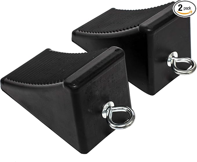 50011 Heavy-Duty Rubber Wheel Chocks with Eyebolt, Anti-Slip Design for Trailers, RVs, and Trucks (6.5" x 3.75" x 4") - 2 Pack