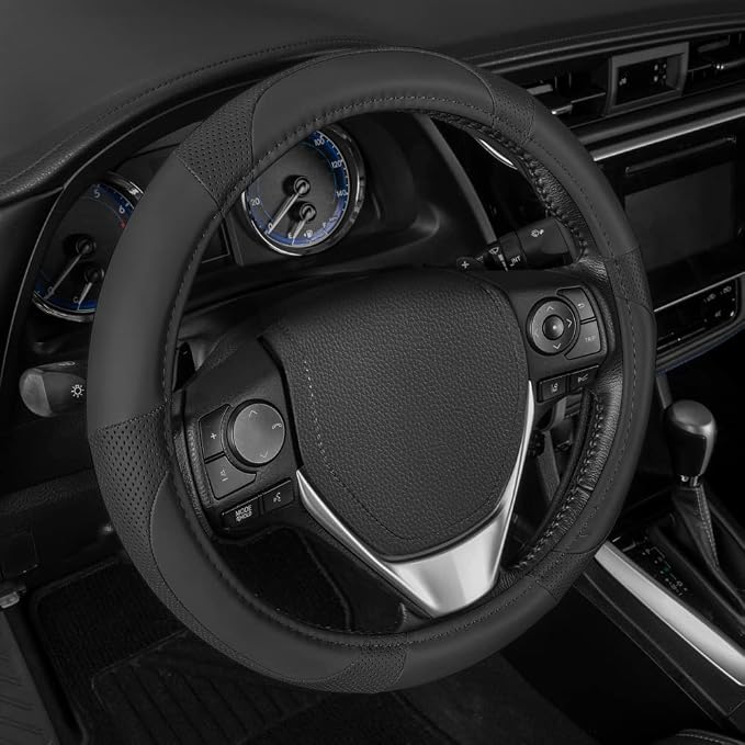Perforated Microfiber Leather Steering Wheel Cover for Cars Trucks SUVs Vans, Sporty Racing Improved Grip Anti-Fatigue Ergonomic Design, Airbag Compatible - Fits Standard 15" Inch - Black