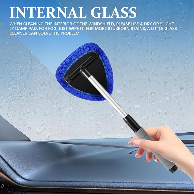 19" Extra-Long Windshield Cleaner Tool, Auto Glass Wiper Brush Kit | Car Interior Detailing Cleaning Kit with Extendable Handle and 4 Reusable Microfiber Pads, Car Window Cleaner, for Cars