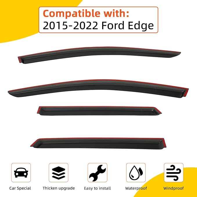 Rain Guards Compatible with 2015-2025 Ford Edge Tape-On Vent Deflector Window Visors Car Accessories 4pcs Out-Channel Smoke Tint