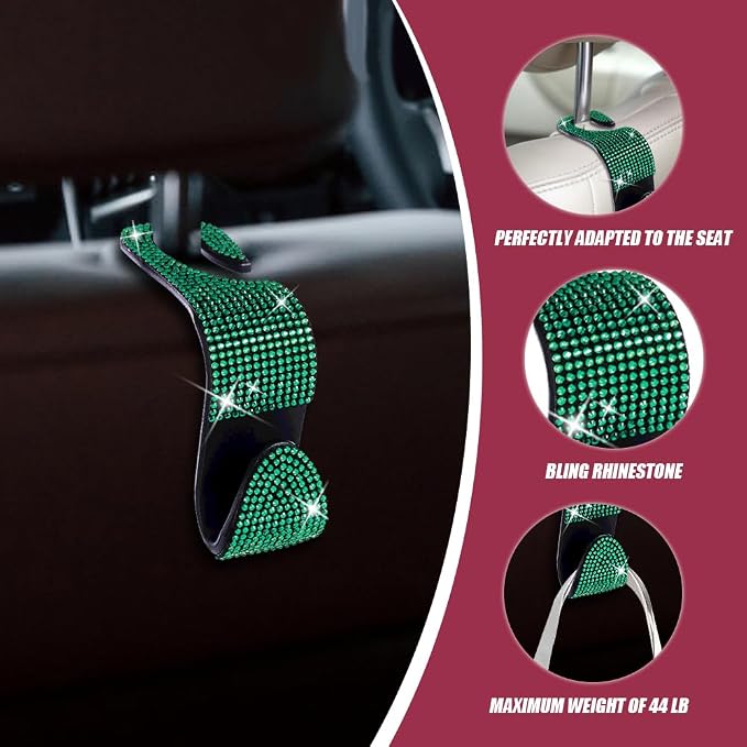 2 Pack Car Hooks, Bling Rhinestones Crystal Hooks, Auto Seat Back Organizers, Car Decorations Backseat Hanger, Car Seat Hooks Perfect for Holding Handbags, Clothes, Purses and Water Bottles