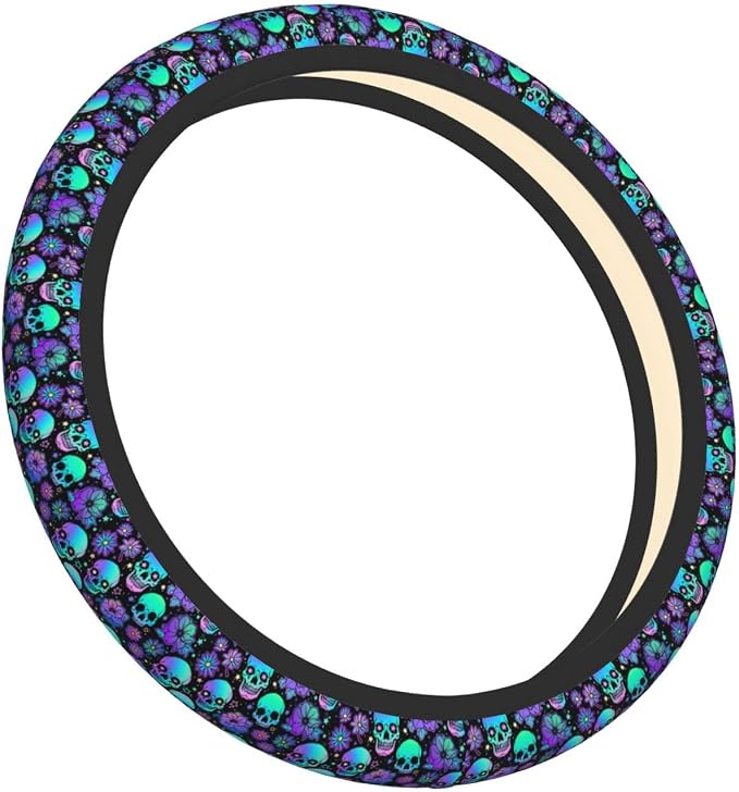 Purple Skull And Flower Auto Car Steering Wheel Cover Universal 15 Inch Neoprene Interior Decor Protection Accessories