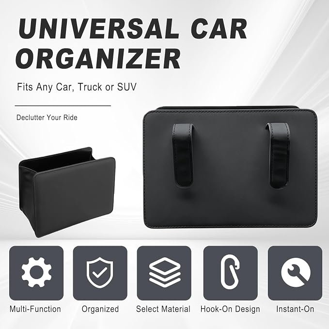 Foldable Car Trash Can, Leather Waterproof Garbage Organizer Holder for Car Interior Hanging with One Trash Bag, Hanging Dustbin Container for Truck & SUVs (Black)