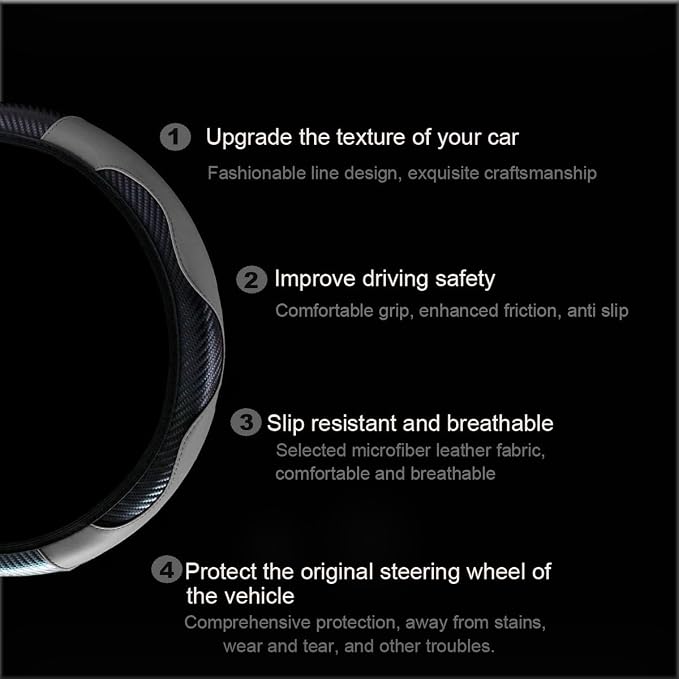 Ultra Fine Carbon Fiber Leather Steering Wheel Cover, Anti Slip and Sun Protective Protect The Steering Wheel, Easy to Install,Universal of 14.5"-15" (Grey)