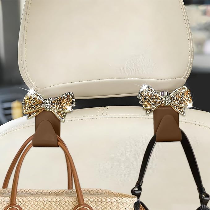 Zpana Bling Car Headreat Hook, 2PCS Crystal Rhinestone Cute Bow Vehicle Seat Back Hanger Storage for Purses Bags Grocery, Diamond Auto Rear Seat Organizer, Universal for SUV Truck Sedan (Gold)